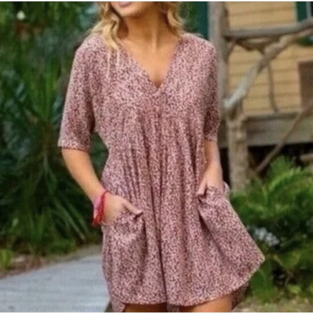 Natural Life Stella Mini Dress Women's L Red Floral Babydoll V-Neck Boho Pockets